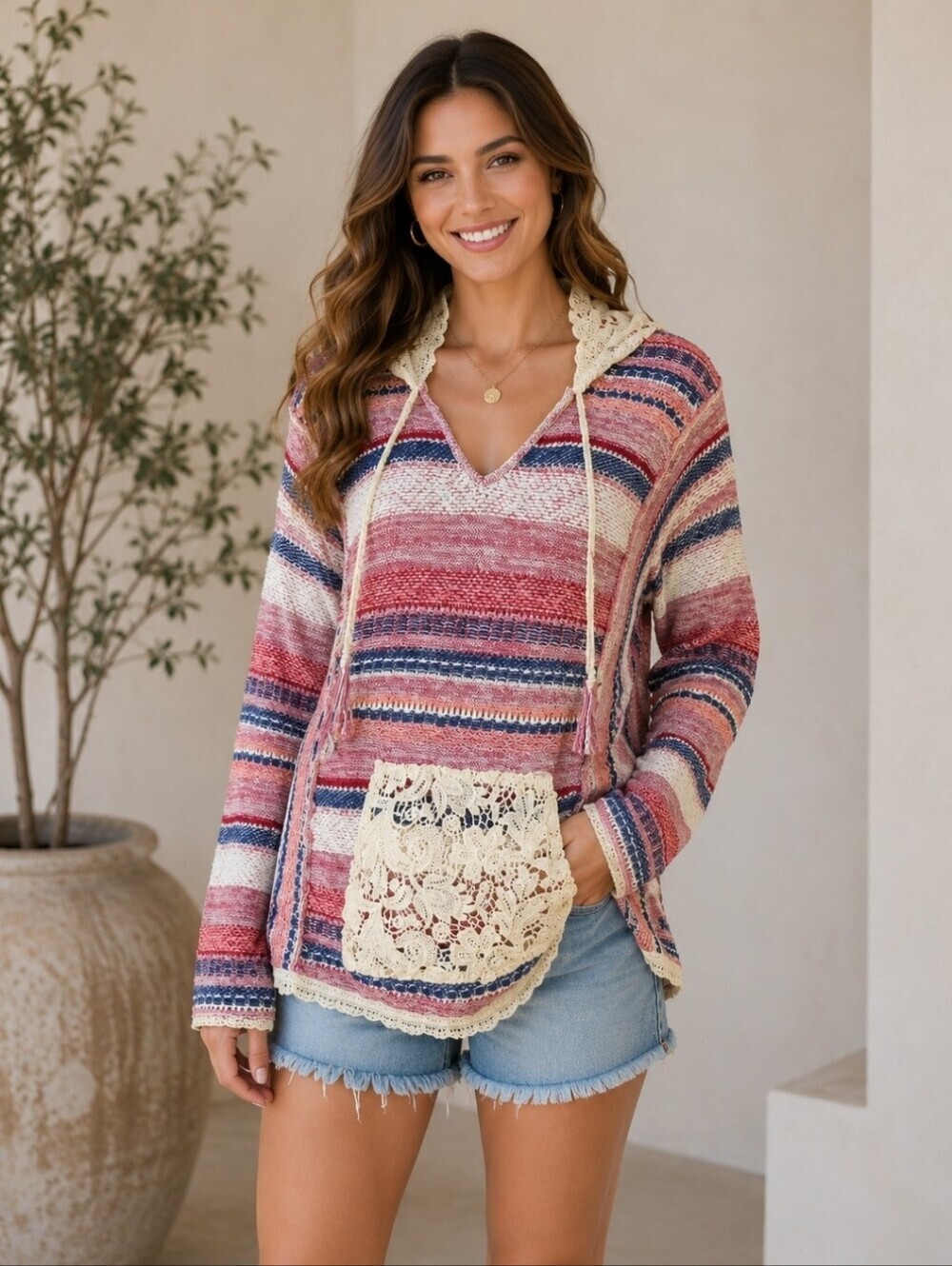 American Rag Two-Tone Red & Cream Lace-Trim Sweater Top